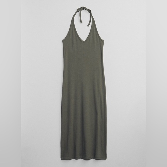 Gap Factory Olive Green Ribbed Halter Midi Stretch Dress |Size XL| NWT - Picture 1 of 10